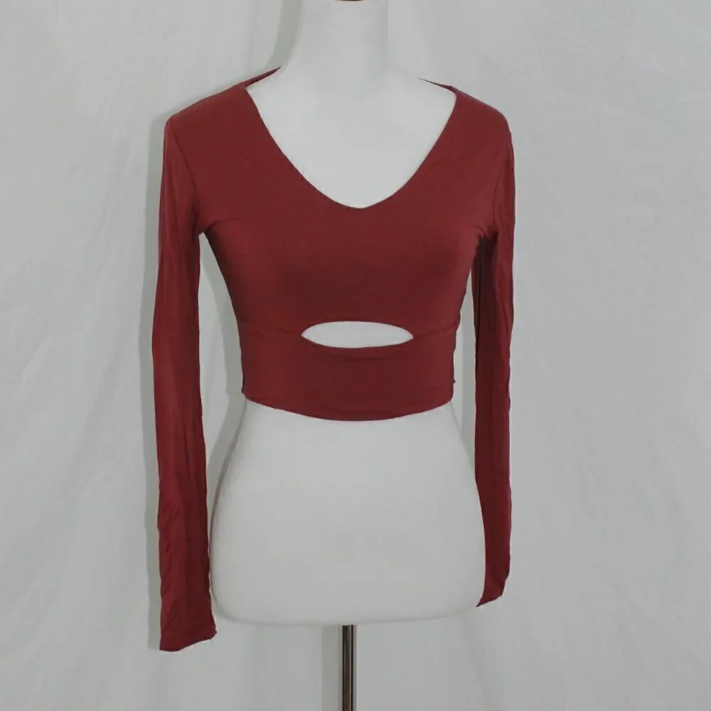 Wasabi + mint Womens Medium Mauve Pink Crop Top Peekaboo Long Sleeve Made in USA